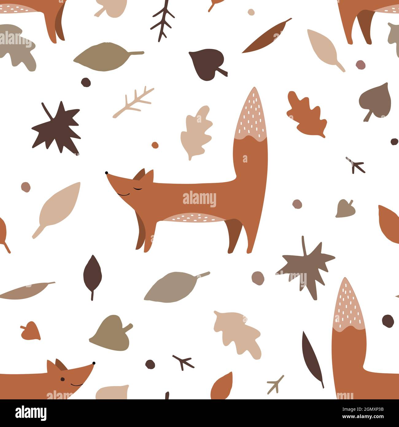 Volpi e autunno caduta foglie, fiori, vettore senza cuciture modello. Illustrazione della foresta. Design della natura. Giorno di ringraziamento. Stagione autunnale con foresta carina Illustrazione Vettoriale