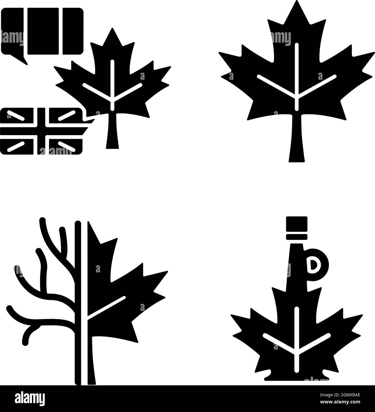 Significato foglia di acero icone glyph nero impostate su spazio bianco Illustrazione Vettoriale