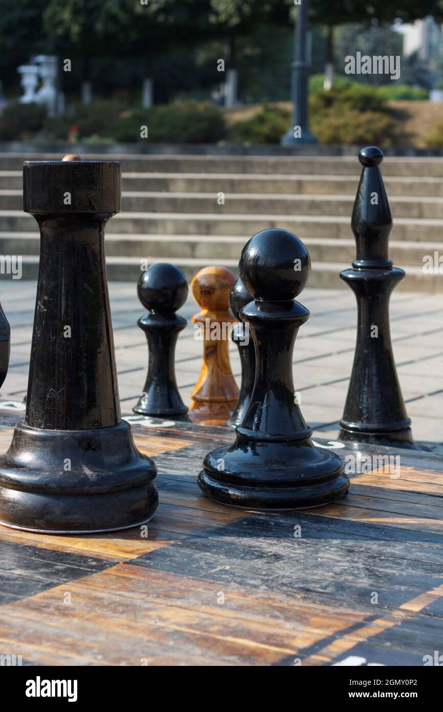 Concorso di scacchi all'aria aperta, con grandi scacchi in crescita umana. Sport intelligente Foto Stock