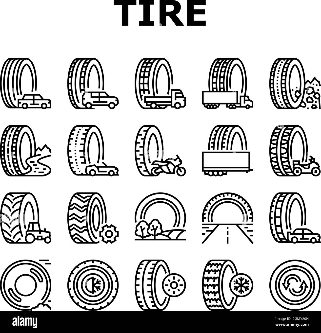 Usato Tire Vendita Negozio icone commerciali Set Vector. Pneumatici usati stagionali invernali ed estivi per camion e auto, trattori agricoli e motociclette. Riutilizzo della funzione Autom Illustrazione Vettoriale