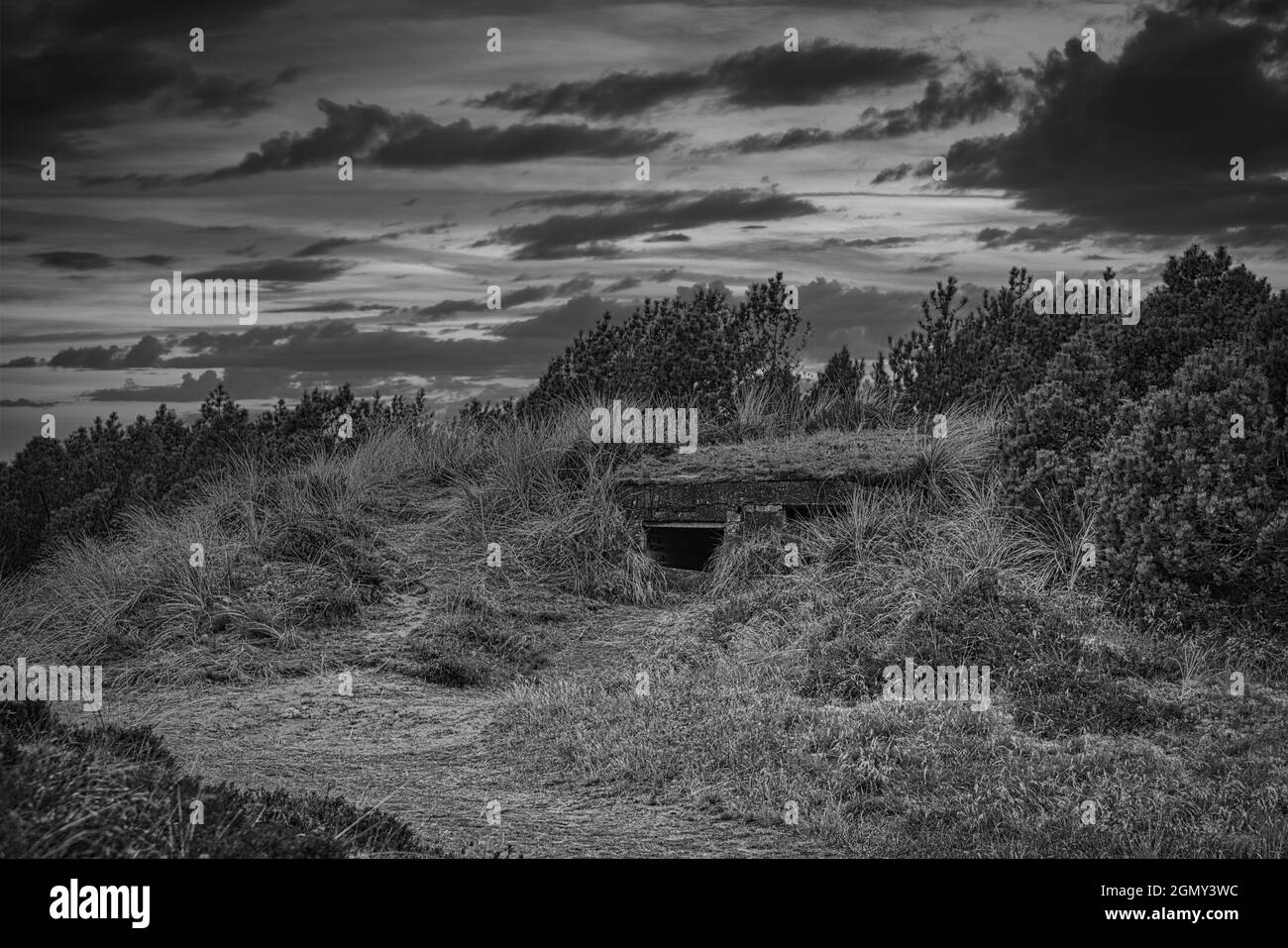Bunker nelle dune della Danimarca prese in bianco e nero. Questi bunker furono costruiti durante la seconda guerra mondiale. Reliquie da un tempo buio Foto Stock