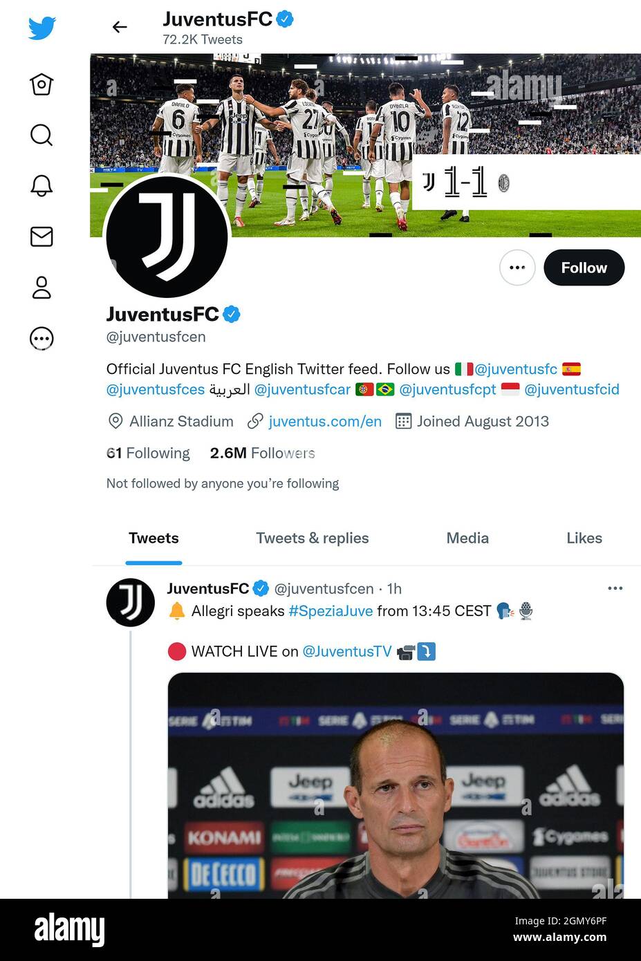 Pagina Twitter (settembre 2021) del club calcistico Juventus FRC Foto Stock