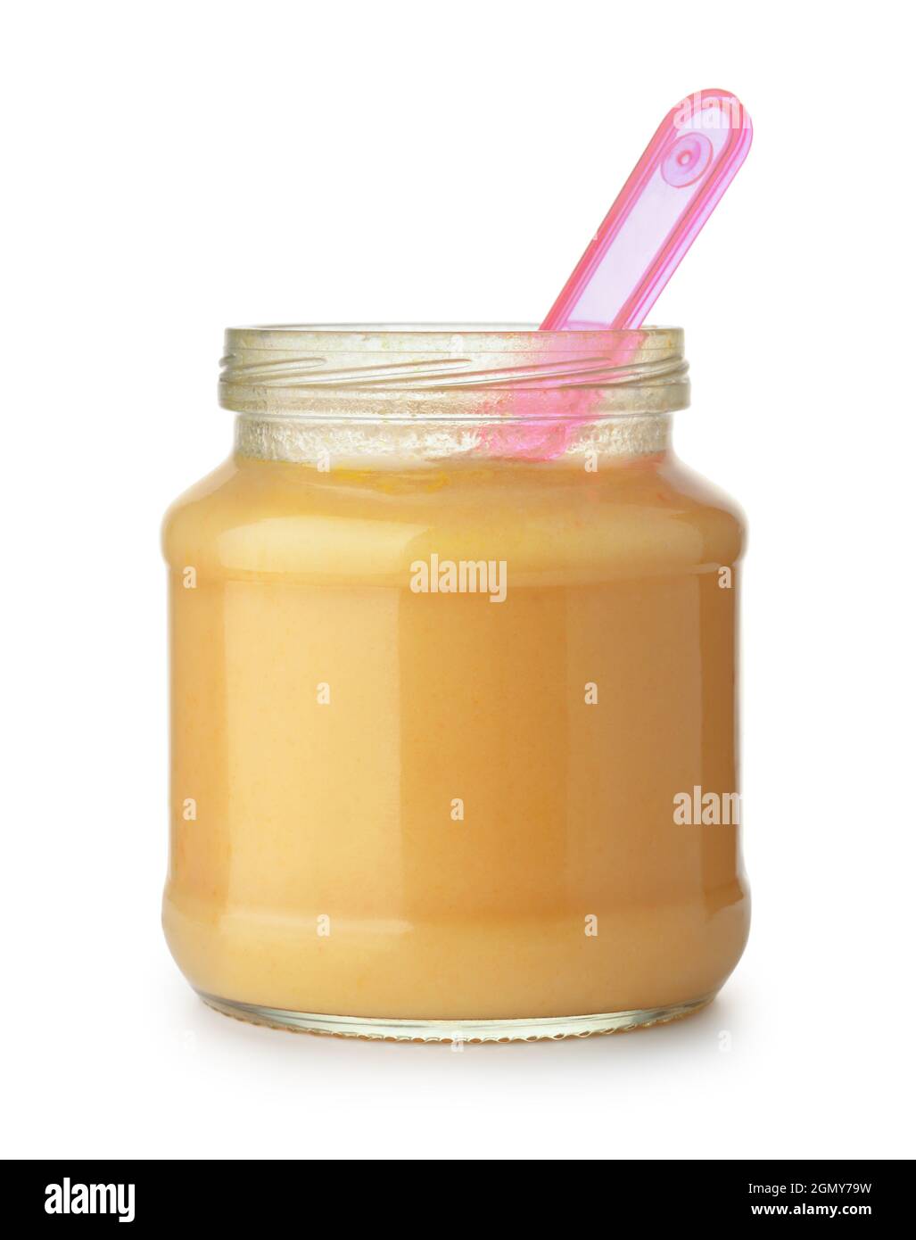 Vista frontale della carota e della purea di zucca in vaso di vetro isolato su bianco Foto Stock