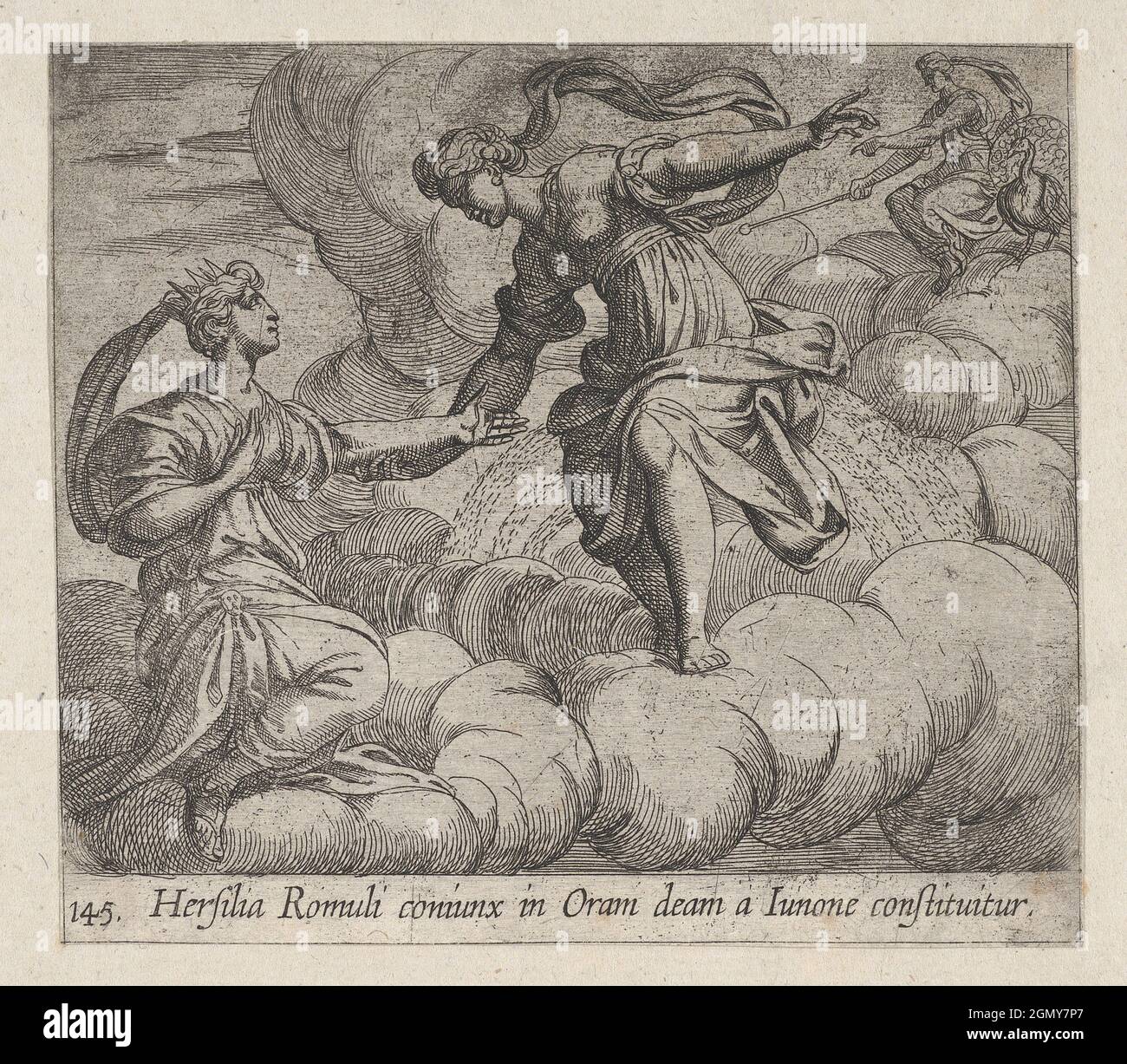 Targa 145: Hersilia portata in cielo (Hersilia Romuli coniunx in Oram deam a Iunone costituitur), dai 'Metamorphoses' di Ovidio. Artista: Antonio Foto Stock