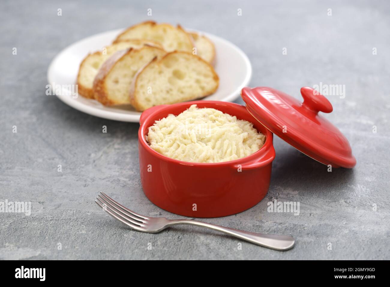 Brandade di merluzzo bianco (pasta cremosa con merluzzo, patate, latte e olio d'oliva salati essiccati), detta brandada de bacalao (Spagna), brandade de morue (Francia), Foto Stock