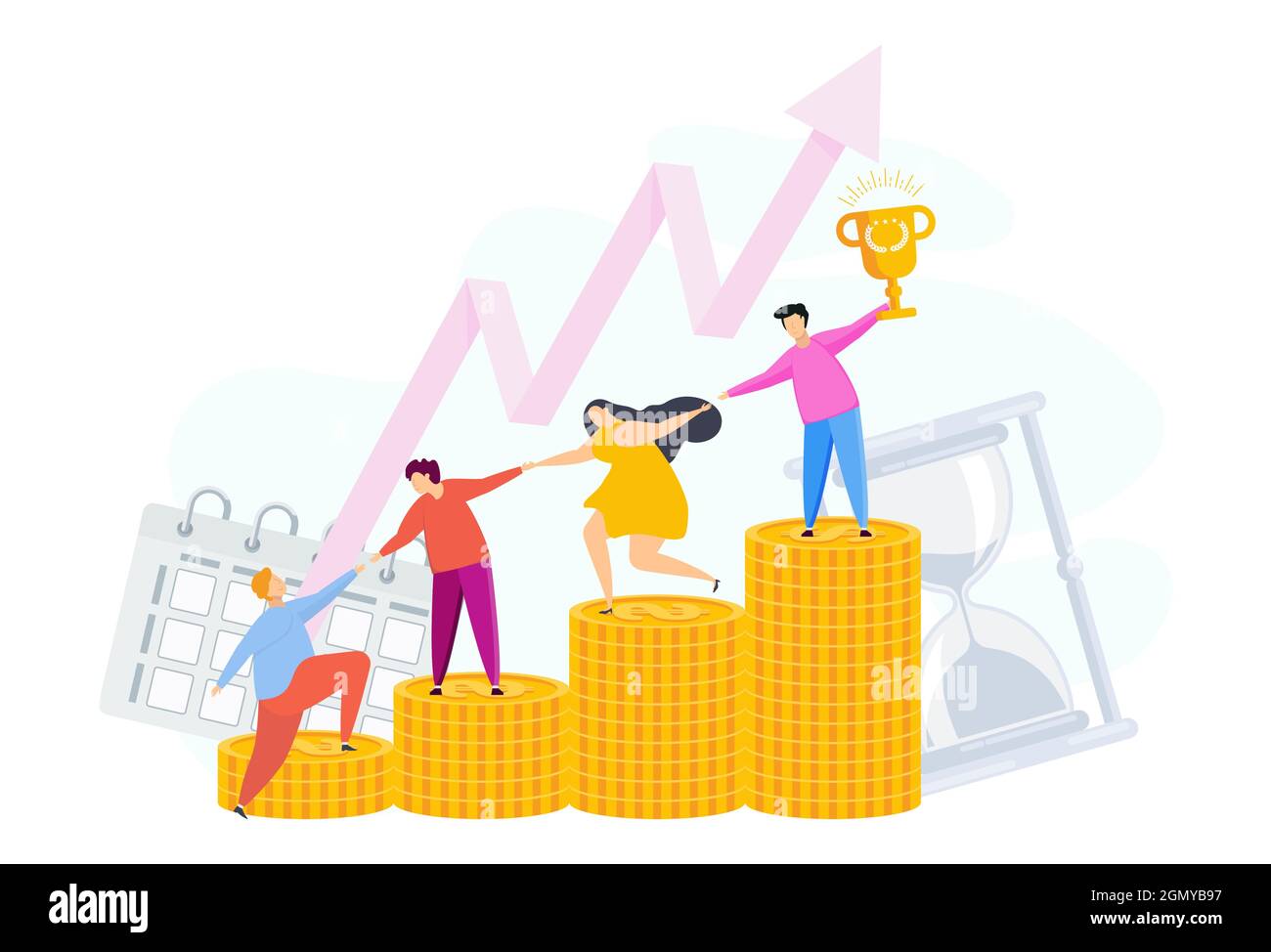 Le persone si aiutano a vicenda sulla scala del successo finanziario. Illustrazione Vettoriale