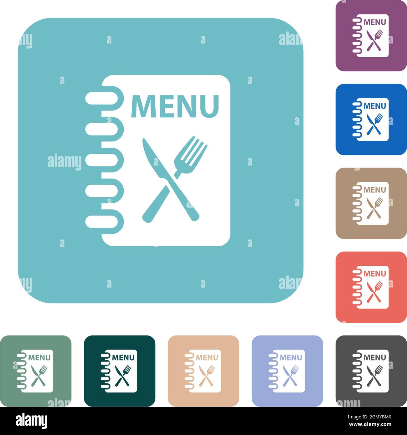Menu con le icone piatte bianche di forchetta e coltello a colori sfondi quadrati arrotondati Illustrazione Vettoriale