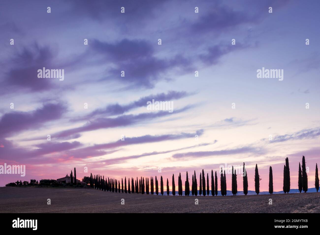 Paesaggio toscano con cipressi e cascina di sunrise, San Quirico d'Orcia, Val d'Orcia, Toscana, Italia Foto Stock