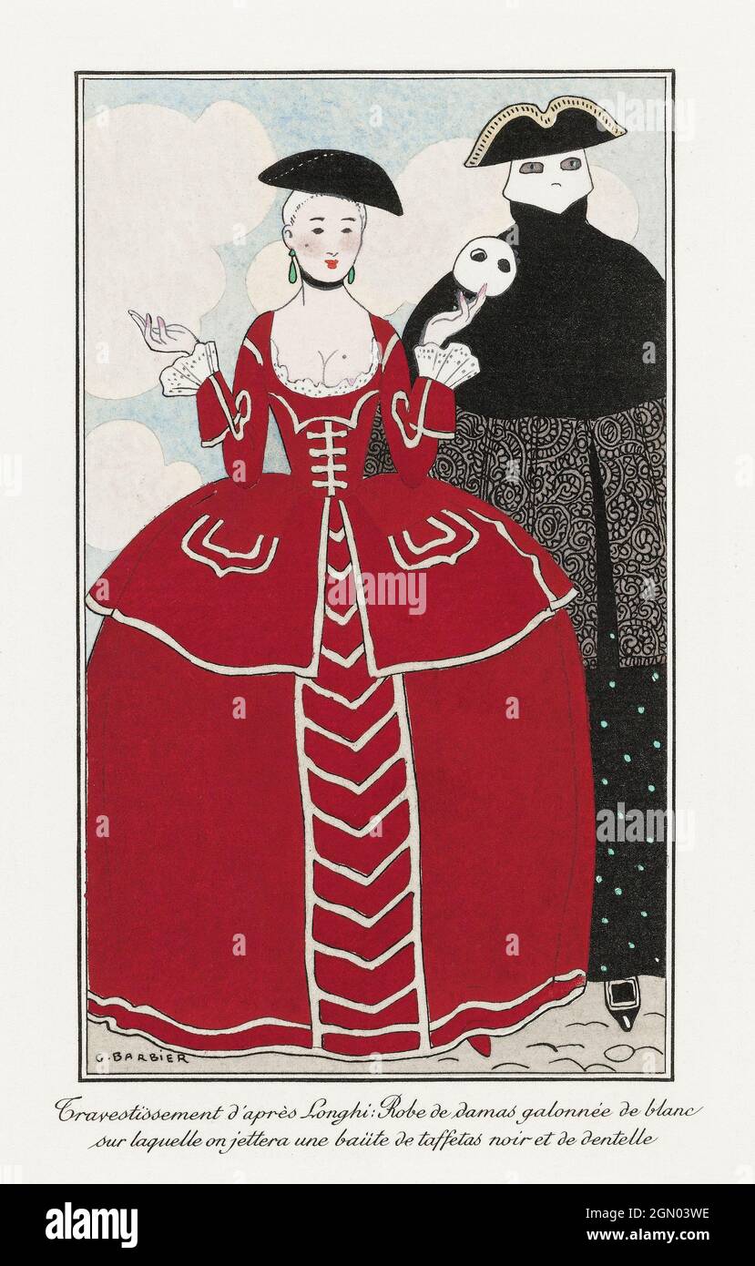 Costumi Parisiens, n° 56: Travestissement d'après Longhi da Journal des Dames et des Modes (1913) moda di George Barbier. Foto Stock
