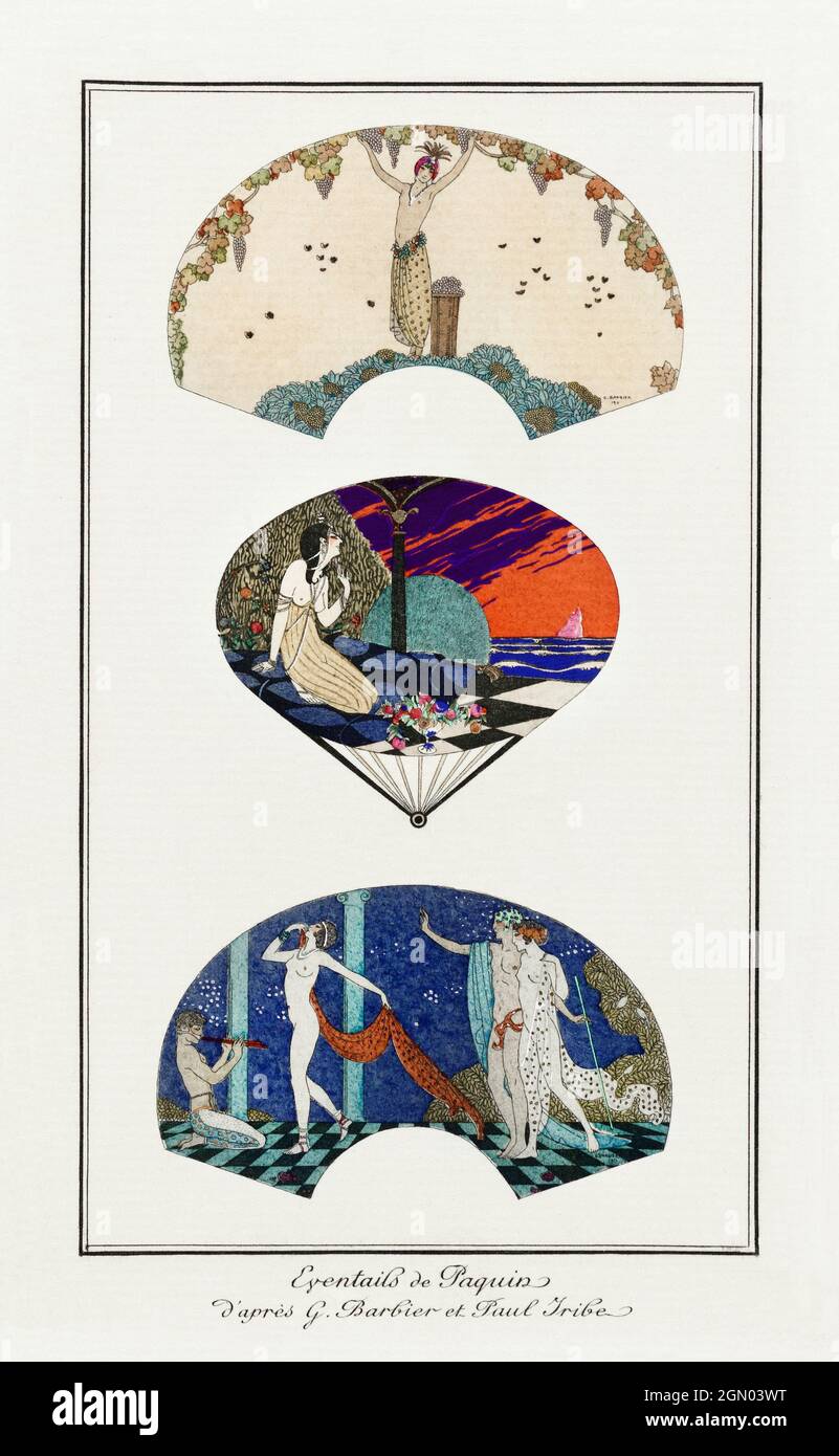Costumi Parisiens, n° 42: Eventails de Paquin di Journal des Dames et des Modes (20 dicembre 1912) moda di George Barbier. Foto Stock