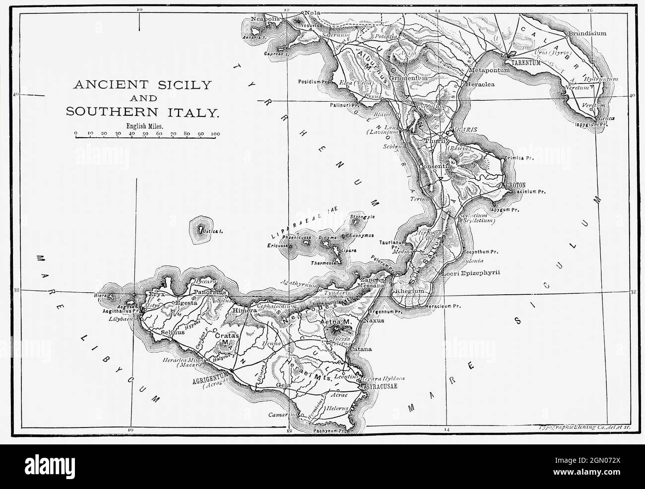 Mappa della Sicilia antica e dell'Italia meridionale, c.228 a.C. Dalla storia universale illustrata di Cassell, pubblicata nel 1883. Foto Stock