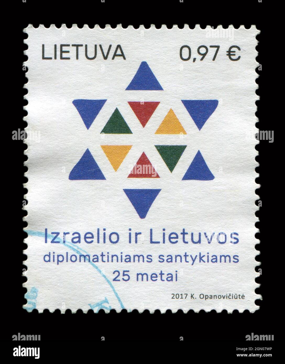 Il francobollo stampato in Lituania mostra l'immagine dell'Izraelio ir Lietuvos, circa 2017. Foto Stock