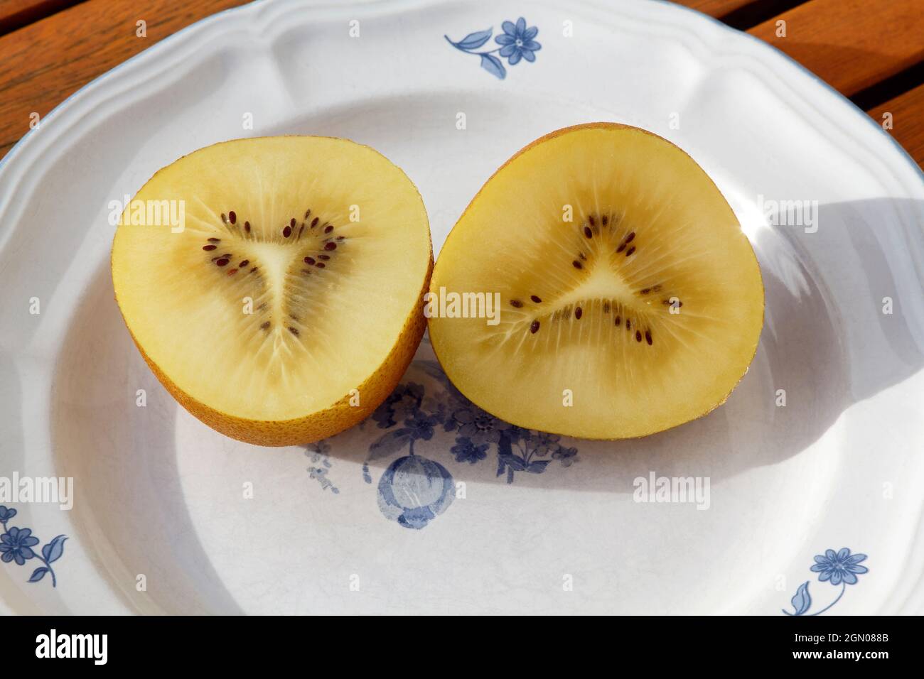 kiwi giallo, dorato, 2 metà, primo piano, nutroso, semi commestibili molto piccoli, frutta densa nutriente, vitamine, minerali, fibra, Nuova Zelanda Foto Stock kiwi giallo, dorato, 2 metà, primo piano, nutroso, semi commestibili molto piccoli, frutta densa nutriente, vitamine, minerali, fibra, Nuova Zelanda Foto Stock