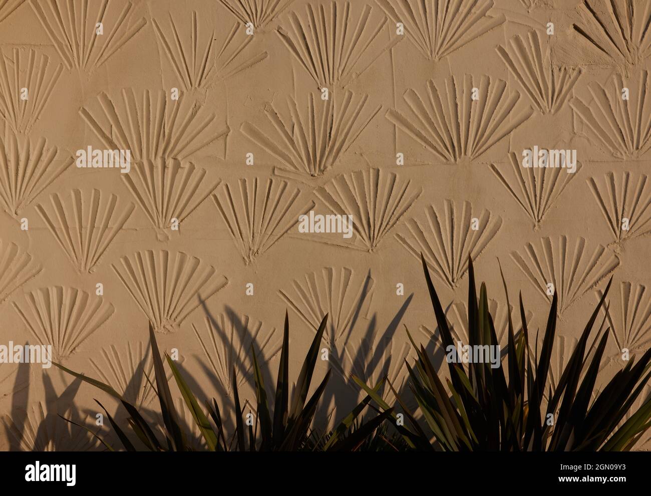 Decorazioni a ventaglio su una parete esterna che riecheggiano le vere piante di phormium alla base della parete. Foto Stock