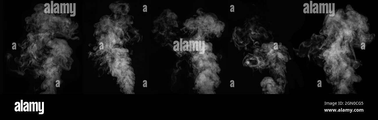 Una serie di cinque diversi fumi bianchi, fumo su uno sfondo nero per aggiungere alle tue foto. Una raccolta di vapori per le tue foto. Crea una sala mistica Foto Stock