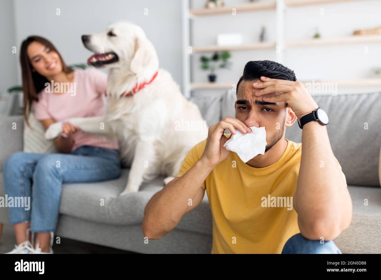 Triste uomo arabo che soffre di freddo o allergia, strofinando il naso con carta tissue, sua moglie e carino cane sullo sfondo Foto Stock