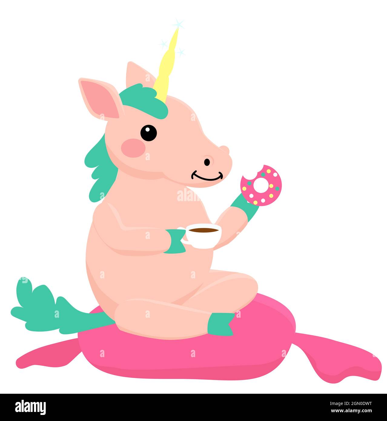 Unicorno rosa seduta e mangiare ciambella con tè. Illustrazione carino vettoriale isolata su bianco. Illustrazione Vettoriale