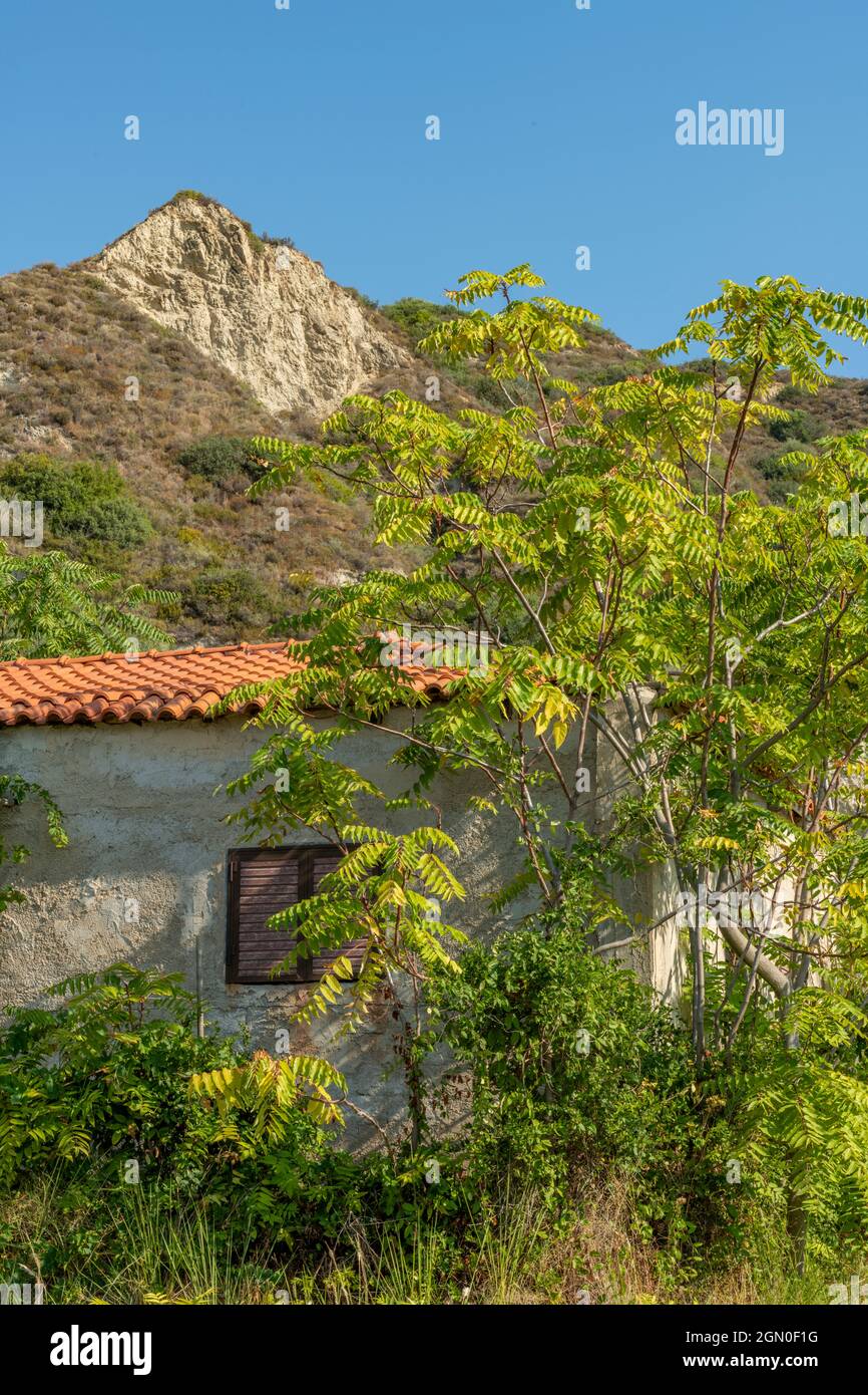 fattoria greca con tegole rosse di terracotta tra alberi alla base di una montagna sull'isola greca di zante in grecia con cielo blu. Foto Stock