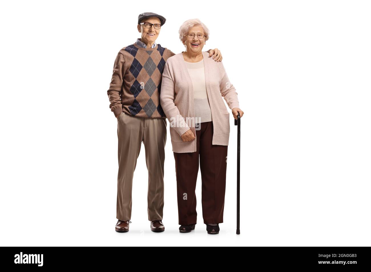 Uomo anziano e donna in abbraccio isolato su sfondo bianco Foto Stock