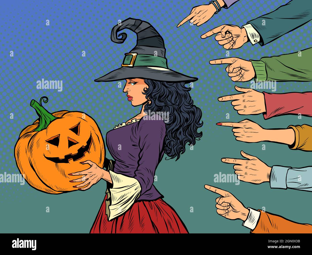 donna strega con halloween di zucca, festa stagionale, vergogna che grida il tema bullismo Illustrazione Vettoriale
