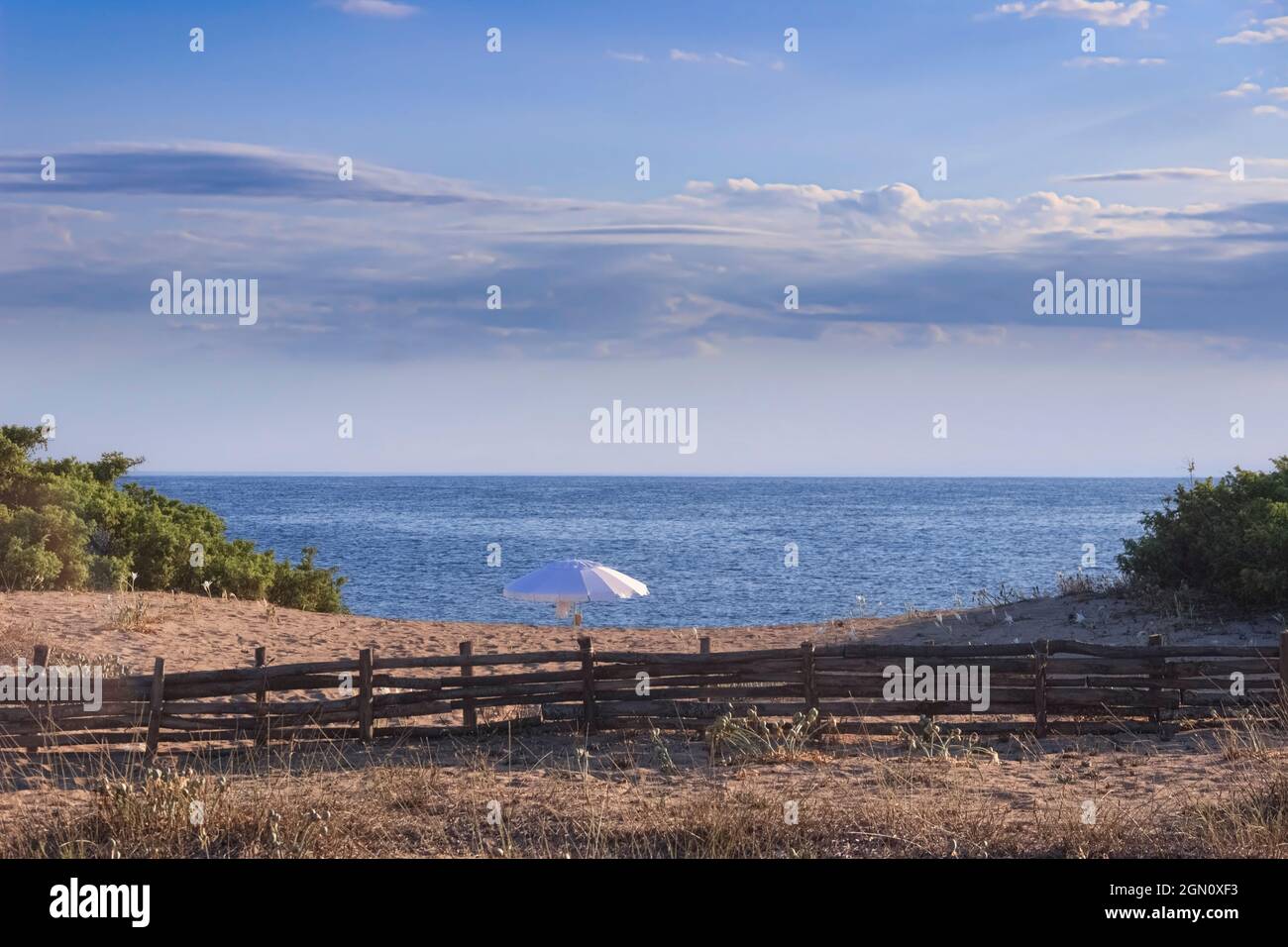 Ombrellone solitario dietro le dune: La spiaggia di Torre Colimena in Puglia si estende all'interno del Parco Naturale "Palude del Conte e Duna Costiera". Foto Stock