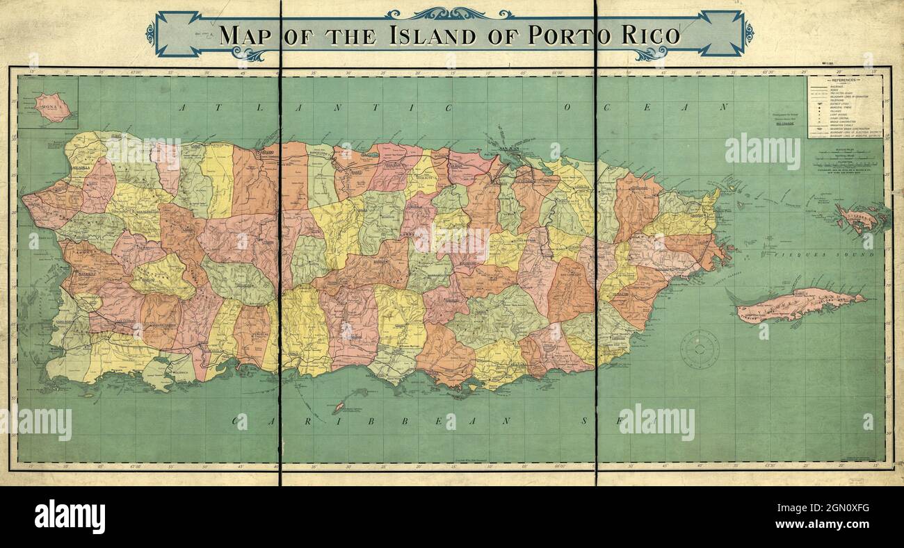 Old 1915 Rand McNally mappa dell'isola di Porto Rico a colori Foto Stock
