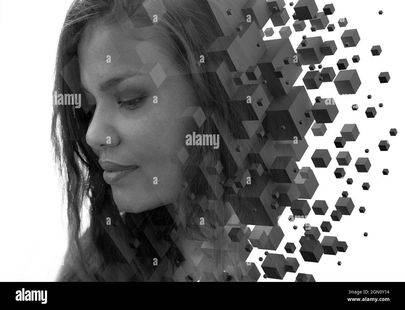 Burnout. Ritratto a doppia esposizione di una donna combinato con grafica digitale Foto Stock