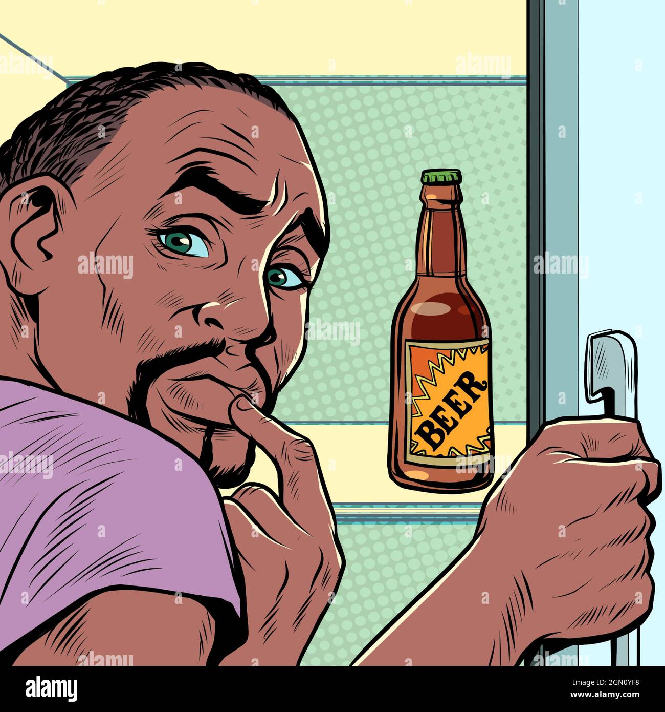un uomo nero afroamericano vicino al frigorifero con birra. Dipendenza da alcol Illustrazione Vettoriale