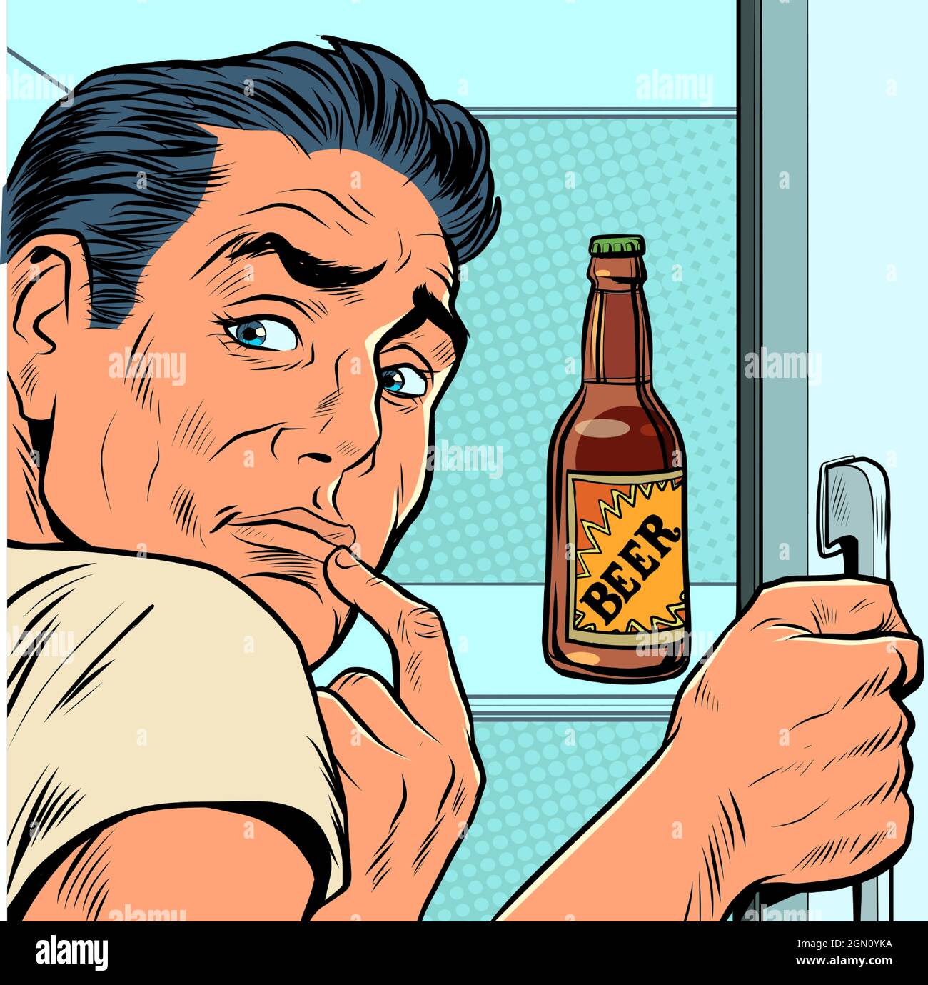 un uomo vicino al frigorifero con birra. Dipendenza da alcol Illustrazione Vettoriale