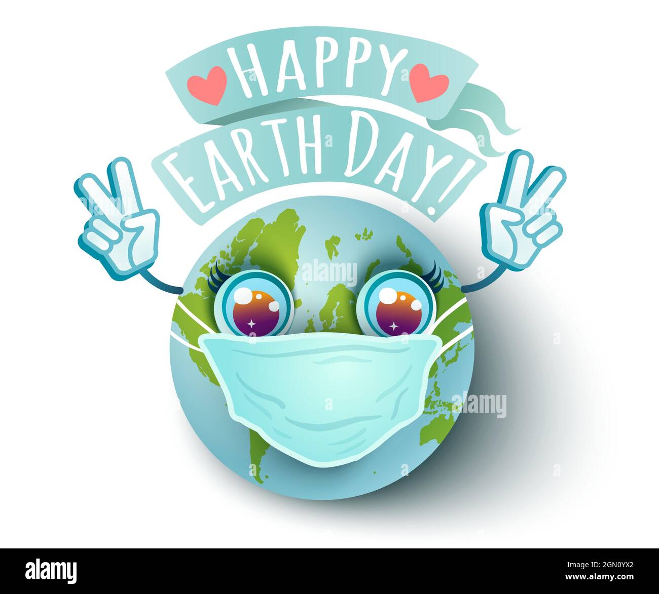 Illustrazione vettoriale del pianeta Terra con maschera medica in stile kawaii per il giorno della Terra. Giornata della Terra 22 aprile. Amiamo il nostro pianeta. Illustrazione Vettoriale