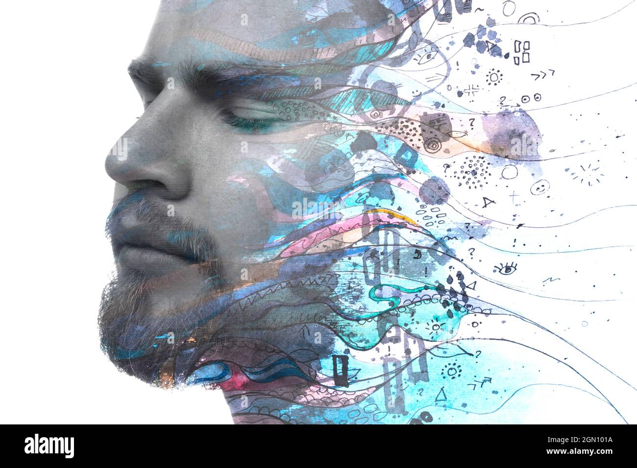 Pittografia.pittura espressiva combinata con un ritratto monocromatico di un uomo Foto Stock