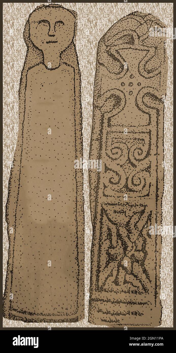 Due lati di un antico ottocento in pietra di stile celtico all'interno della vecchia chiesa a Minnigaff, Newton Stewart, Dumfries e Galloway Foto Stock