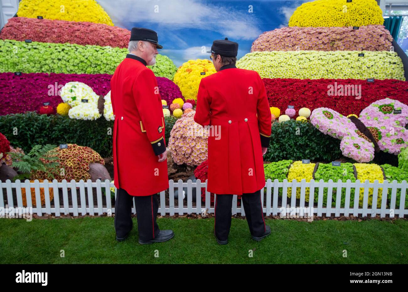 I pensionati Chelsea al Chelsea Flower show studiano le luminose esposizioni floreali nel Padiglione principale. Foto Stock