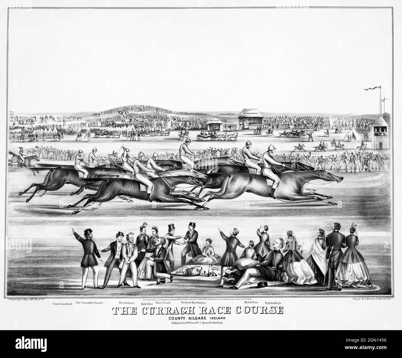 Uno schizzo delle corse al Curragh Race Course nella contea di Kildare, Irlanda. Creato nel 1867 da John Brenan Foto Stock