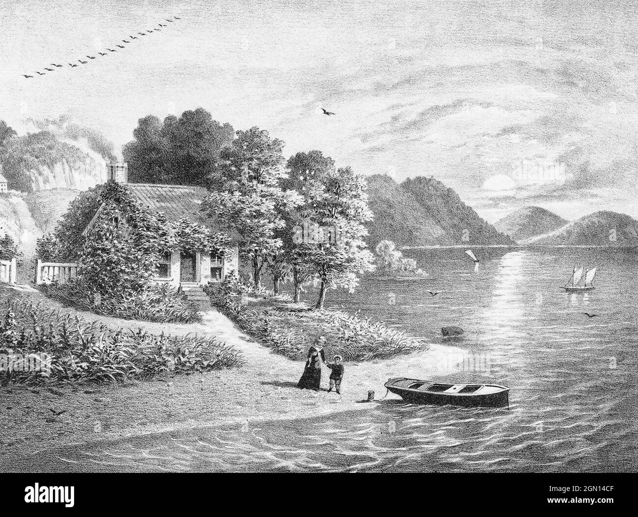 Una vista di un cottage Irlandese con tetto in paglia sul lago. Creato intorno al 1878 dall'artista americano Herman Bencke, il suo titolo è "la casa di Francis Murphy in Irlanda". Foto Stock