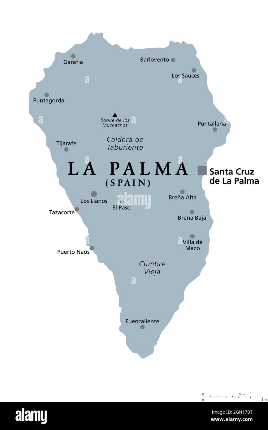 La Palma isola, mappa politica grigia con capitale Santa Cruz. San Miguel de la Palma, isola nord-occidentale delle Isole Canarie, Spagna. Foto Stock