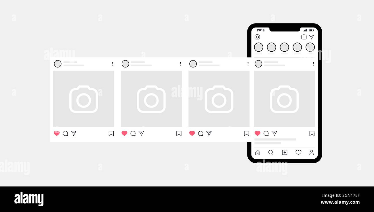 Kyiv, Ucraina - 1 agosto 2021: Posto del carosello di Instagram con smartphone. Interface carosello post come modello Instagram mockup. Annunci di social network Illustrazione Vettoriale