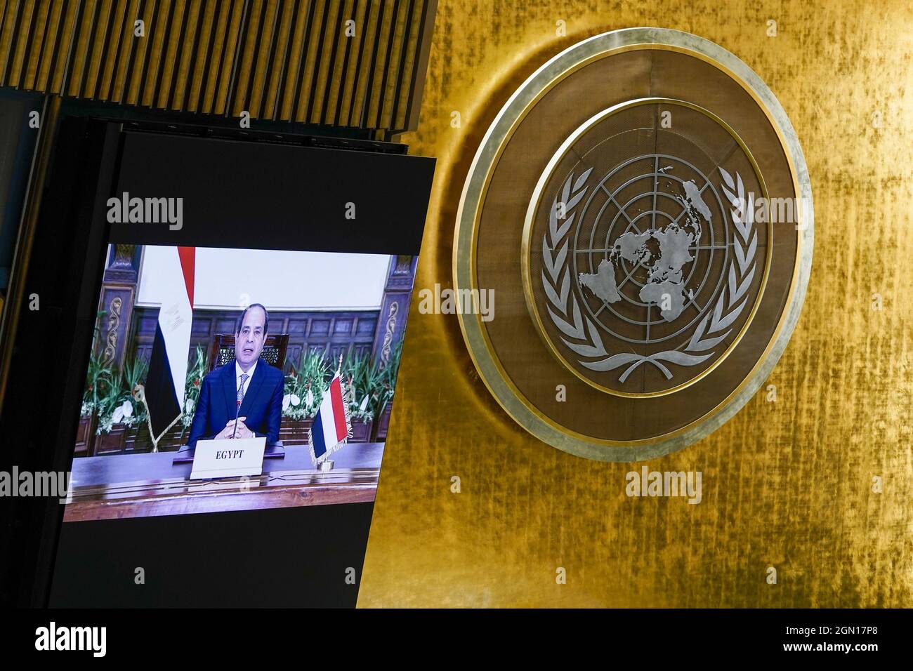 New York, Stati Uniti. 21 settembre 2021. Il presidente egiziano Abdel Fattah al Sisi parla alla 76a sessione dell'Assemblea generale delle Nazioni Unite martedì 21 settembre 2021 a New York City. (Foto piscina di Mary Altaffer/UPI) Credit: UPI/Alamy Live News Foto Stock