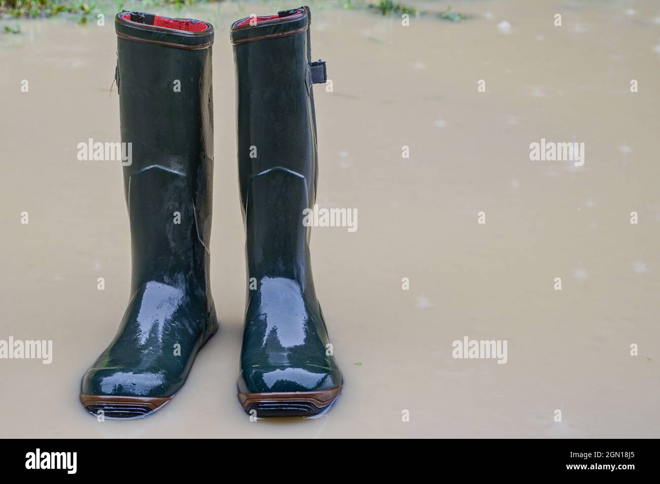 In caso di pioggia, stivali di gomma bagnati si trovano in una pozza d'acqua. Foto Stock