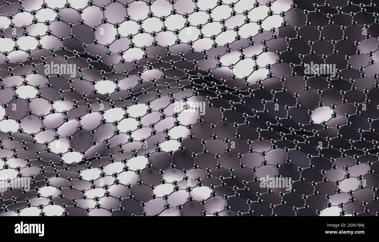 Grafene struttura esagonale in movimento su sfondo grigio come concetto di intelligenza artificiale. Illustrazione 3D. Rendering 3D Foto Stock