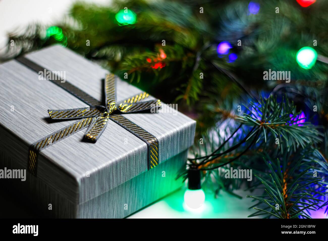 Scatola regalo di Natale con rami di abete su sfondo bianco primo piano. Vista laterale. Festa di Natale e Capodanno. Colore verde Foto Stock