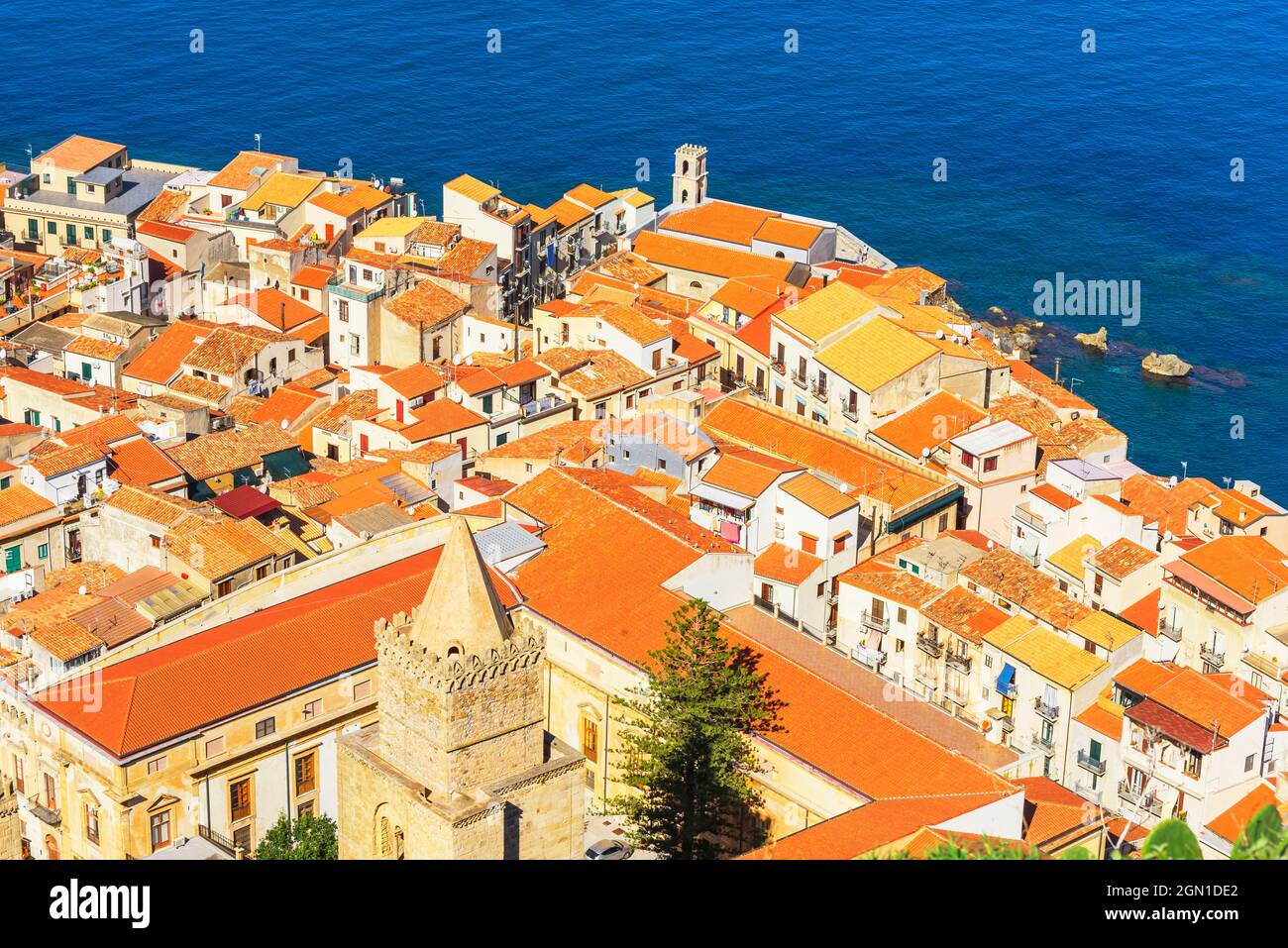 Cefalu città, vista dall'alto, Cefalu, Sicilia, Italia Foto Stock