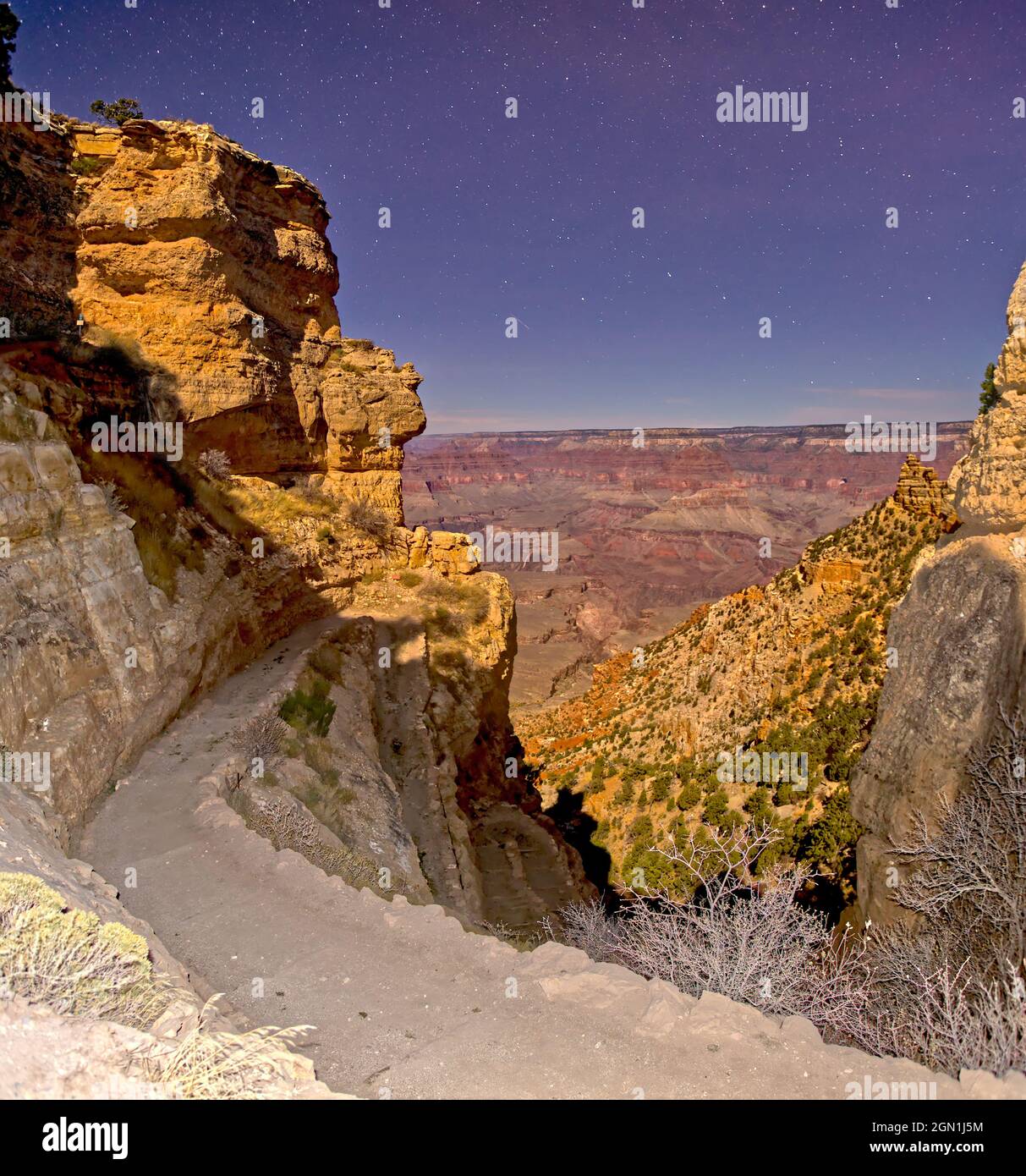 Grand Canyon di notte dall'Upper South Kaibab Trail. Il flash è stato utilizzato per il primo piano. Le scogliere e il canyon sono illuminati dal chiaro di luna. Foto Stock