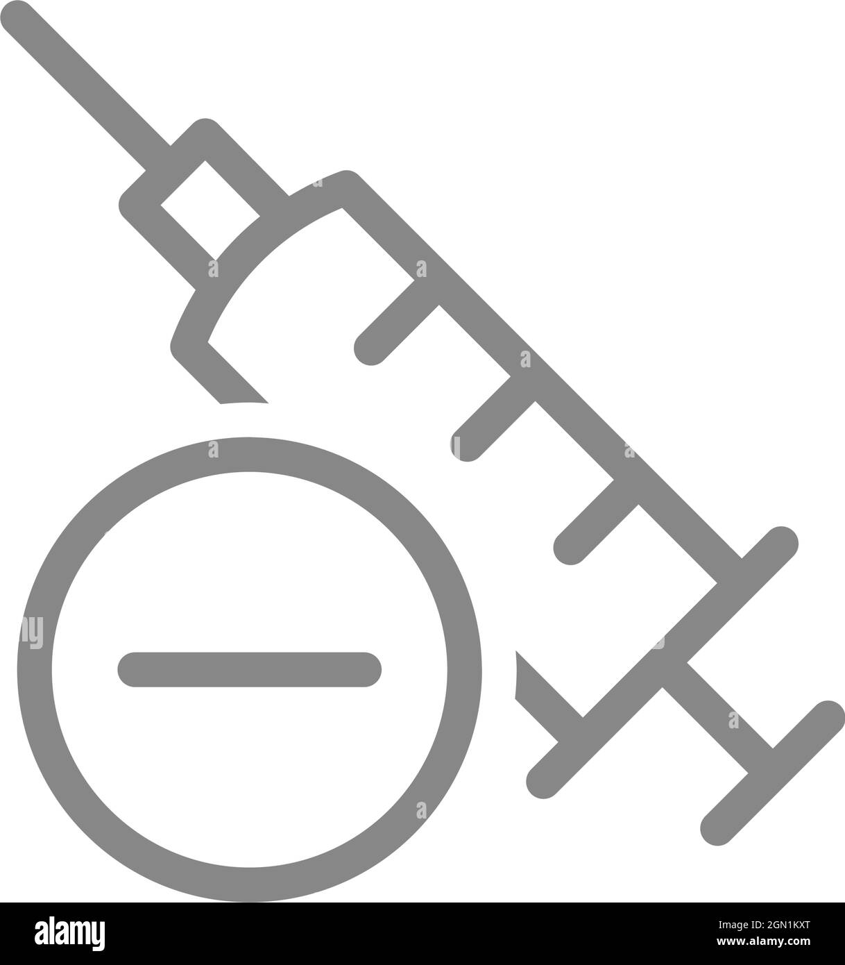 Icona della siringa medica e della linea negativa. Siringa usata, iniezione, vaccinazione non riuscita, simbolo non sterile Illustrazione Vettoriale