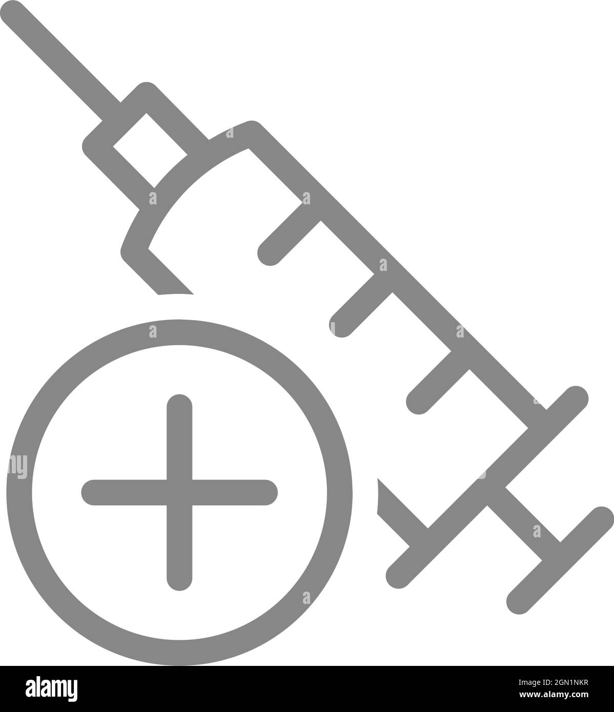 Siringa medica e icona della linea più. Nuova siringa sterile, iniezione, strumento medico, simbolo di vaccinazione di successo Illustrazione Vettoriale