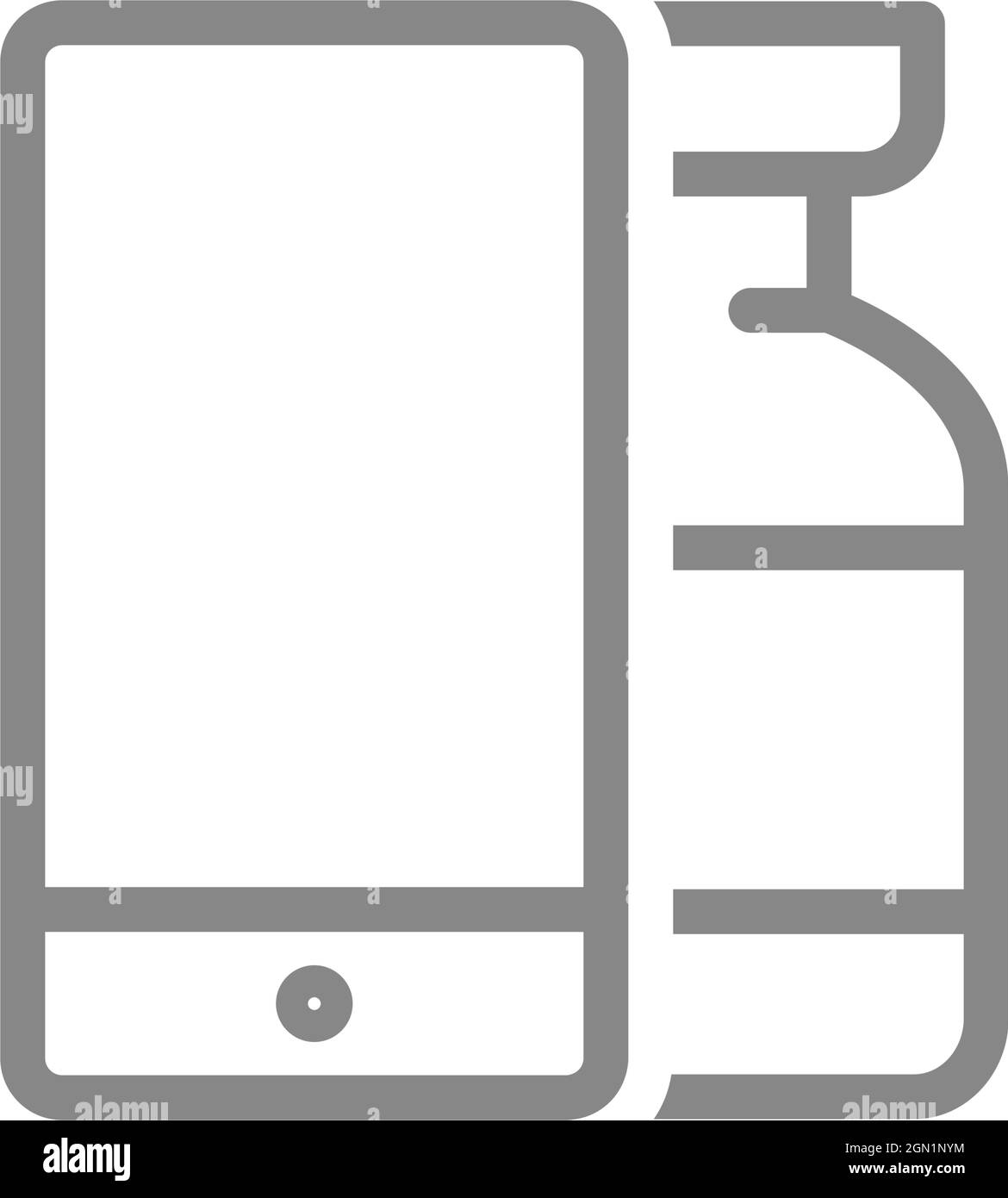 Fiala medica e icona della linea dello smartphone. Vaccinazione, attenzione, informazioni sulla vaccinazione, simbolo di immunizzazione Illustrazione Vettoriale