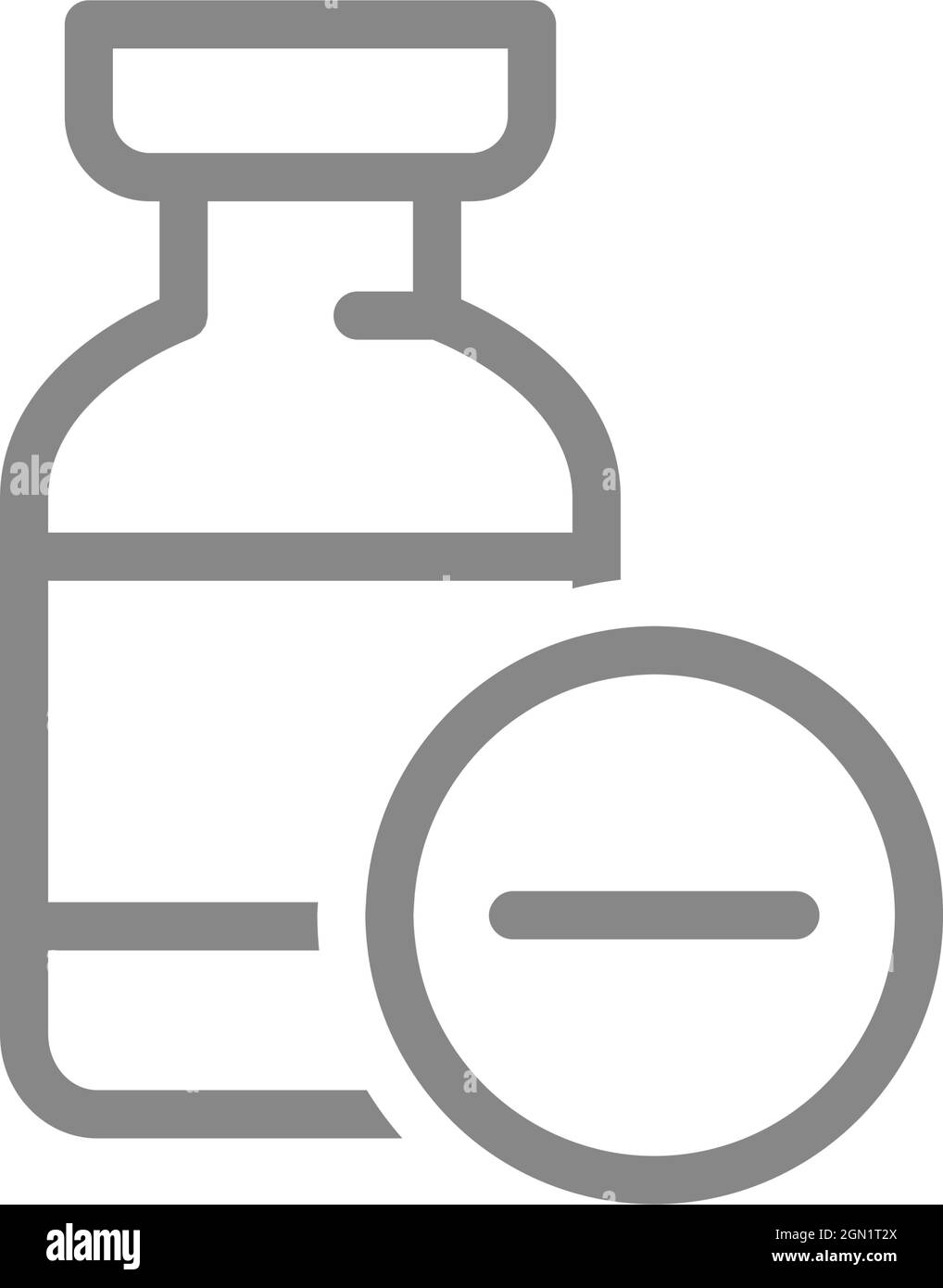 Fiala medica e icona linea negativa. Vaccino non efficace, anticorpi, vaccinazione non riuscita, simbolo non sterile Illustrazione Vettoriale