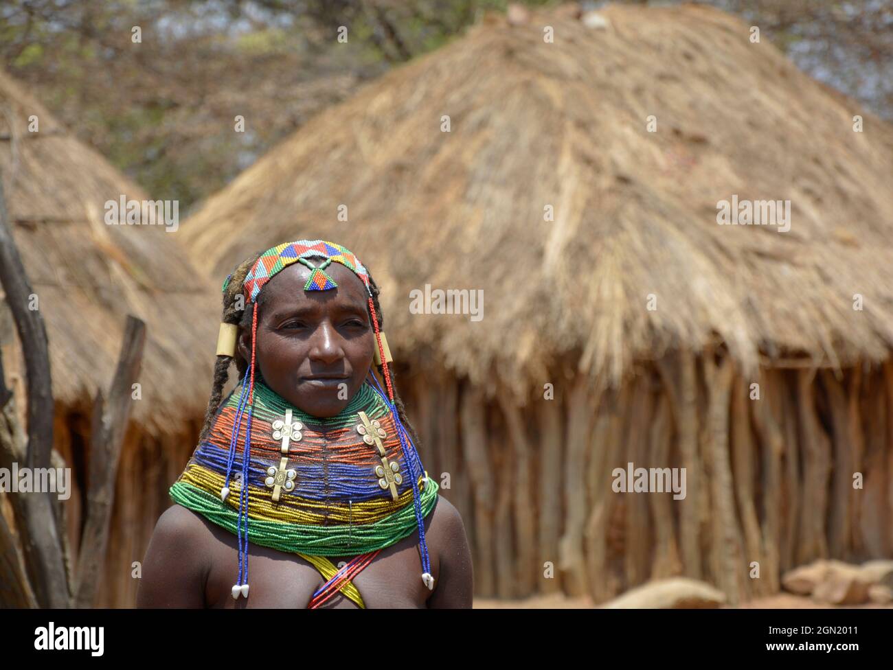 Angola; Provincia di Huila; piccolo villaggio vicino Chibia; donna Muhila con gioielli tradizionali testa e collo; gioielli ornati perla nei capelli; chok massiccio Foto Stock
