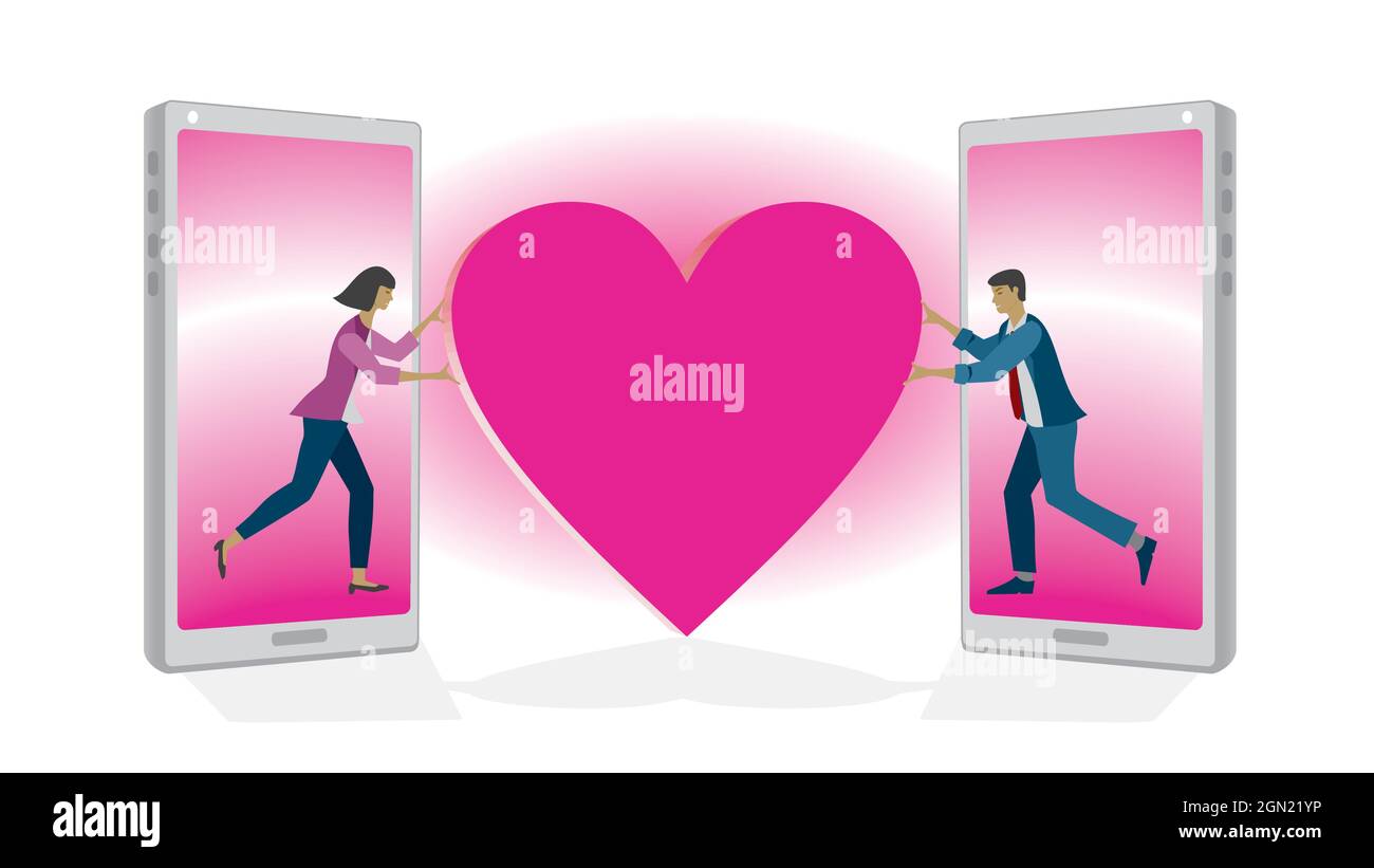 Incontri online. Coppia, donna e uomo trovare corrispondenza e l'amore su internet. Concept amore e trovare partner. Illustrazione vettoriale. EPS10. Dimensione 16:9. Illustrazione Vettoriale