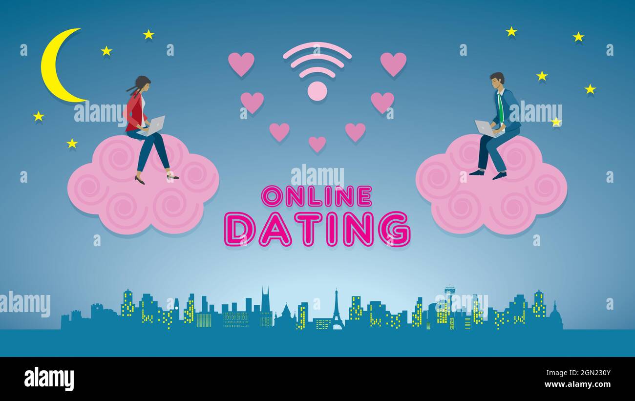 Incontri online. Donna e uomo seduti su nuvole rosa e che hanno romanticismo partita. Paesaggio urbano e cielo con luna e stelle. Illustrazione vettoriale. EPS10. Illustrazione Vettoriale